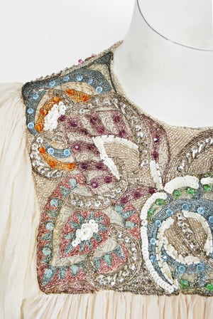 1968 Madame Grès Haute Couture Beaded Embroidered Ivory Silk Gown