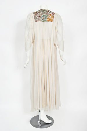 1975 Madame Grès Haute Couture Beaded Embroidered Ivory Silk Gown