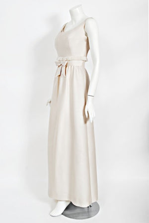 1960's Aurore Paris Couture Ivory Silk Nipped-Waist Bow Bridal Gown