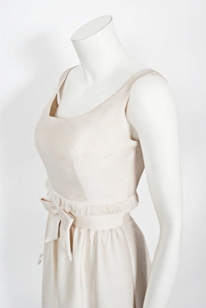 1960's Aurore Paris Couture Ivory Silk Nipped-Waist Bow Bridal Gown