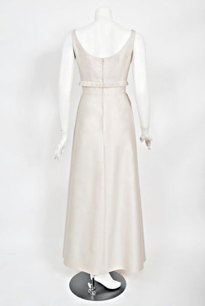 1960's Aurore Paris Couture Ivory Silk Nipped-Waist Bow Bridal Gown