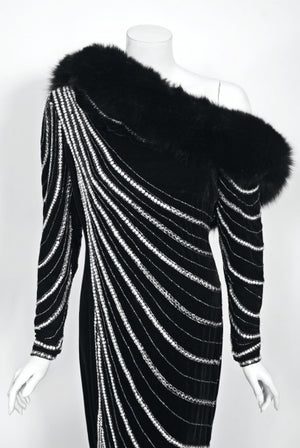 1989 Bob Mackie Couture Beaded Velvet and Fox-Fur Hooded Hourglass Gown