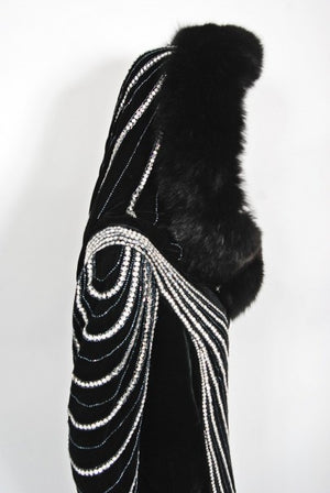 1989 Bob Mackie Couture Beaded Velvet and Fox-Fur Hooded Hourglass Gown