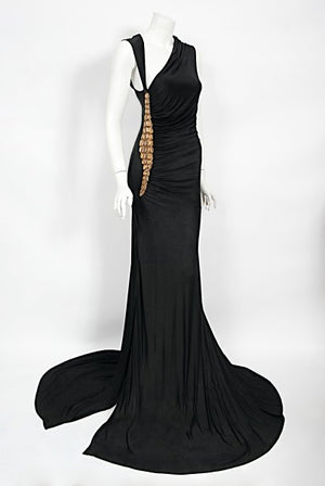 2005 Roberto Cavalli Black Silk Jersey Beaded Scales Hourglass Slit Gown