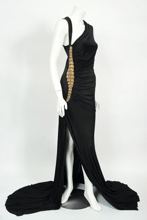 2005 Roberto Cavalli Black Silk Jersey Beaded Scales Hourglass Slit Gown