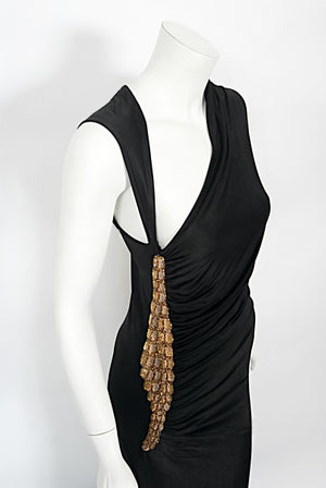 2005 Roberto Cavalli Black Silk Jersey Beaded Scales Hourglass Slit Gown
