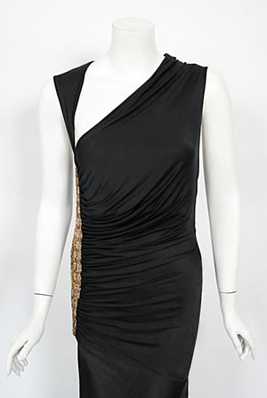 2005 Roberto Cavalli Black Silk Jersey Beaded Scales Hourglass Slit Gown