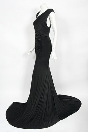 2005 Roberto Cavalli Black Silk Jersey Beaded Scales Hourglass Slit Gown