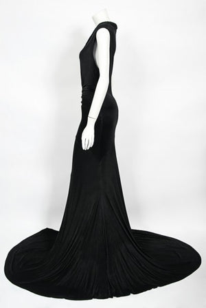 2005 Roberto Cavalli Black Silk Jersey Beaded Scales Hourglass Slit Gown