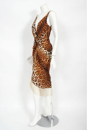 2008 Christian Dior by Galliano Leopard Print Silk Beaded Fringe Dress