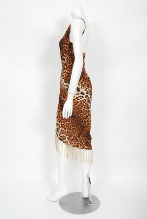 2008 Christian Dior by Galliano Leopard Print Silk Beaded Fringe Dress