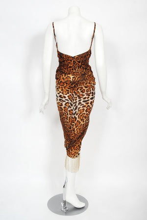 2008 Christian Dior by Galliano Leopard Print Silk Beaded Fringe Dress