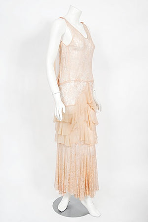 1930's Pale Pink Sheer Lace & Tiered Silk Chiffon Bias Cut Deco Gown