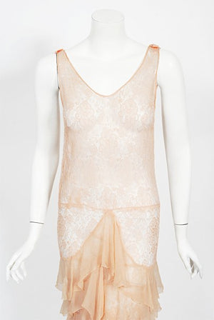 1930's Pale Pink Sheer Lace & Tiered Silk Chiffon Bias Cut Deco Gown