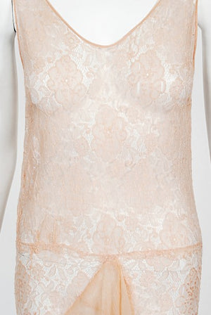 1930's Pale Pink Sheer Lace & Tiered Silk Chiffon Bias Cut Deco Gown