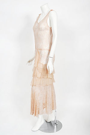 1930's Pale Pink Sheer Lace & Tiered Silk Chiffon Bias Cut Deco Gown