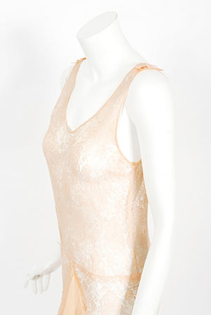1930's Pale Pink Sheer Lace & Tiered Silk Chiffon Bias Cut Deco Gown