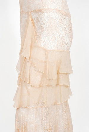 1930's Pale Pink Sheer Lace & Tiered Silk Chiffon Bias Cut Deco Gown