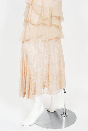 1930's Pale Pink Sheer Lace & Tiered Silk Chiffon Bias Cut Deco Gown