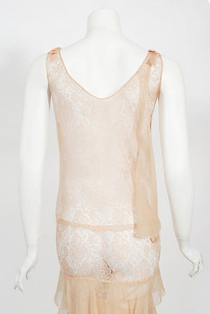 1930's Pale Pink Sheer Lace & Tiered Silk Chiffon Bias Cut Deco Gown
