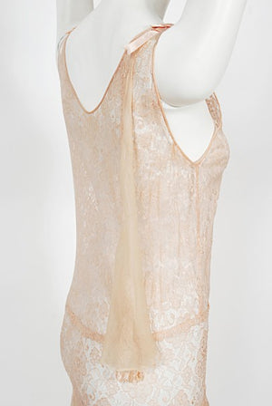 1930's Pale Pink Sheer Lace & Tiered Silk Chiffon Bias Cut Deco Gown