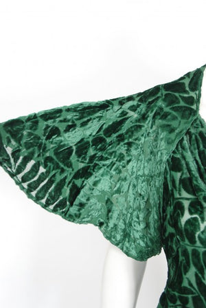 1930's Emerald Green Leaf Motif Sheer Silk Velvet Bias-Cut Gown & Bolero