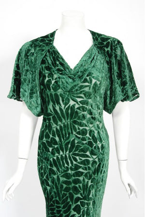 1930's Emerald Green Leaf Motif Sheer Silk Velvet Bias-Cut Gown & Bolero