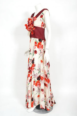 1930's Floral Garden Red Maroon Print Silk Bouquet Appliqué Couture Gown