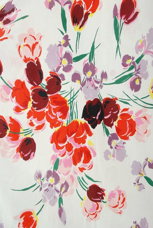 1930's Floral Garden Red Maroon Print Silk Bouquet Appliqué Couture Gown