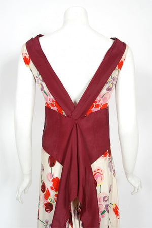 1930's Floral Garden Red Maroon Print Silk Bouquet Appliqué Couture Gown