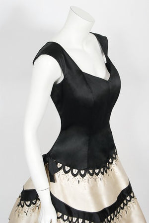1950's Emilio Schuberth Couture Black & Ivory Embroidered Satin Dress