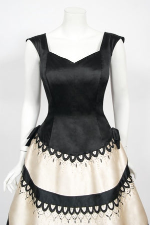 1950's Emilio Schuberth Couture Black & Ivory Embroidered Satin Dress