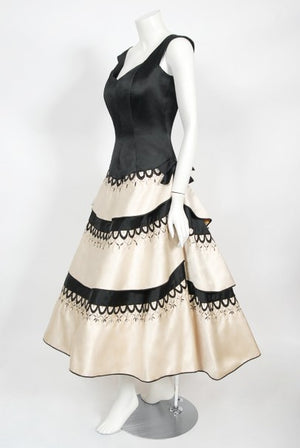 1950's Emilio Schuberth Couture Black & Ivory Embroidered Satin Dress