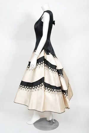 1950's Emilio Schuberth Couture Black & Ivory Embroidered Satin Dress
