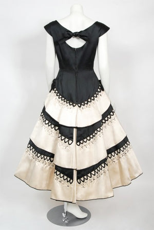 1950's Emilio Schuberth Couture Black & Ivory Embroidered Satin Dress