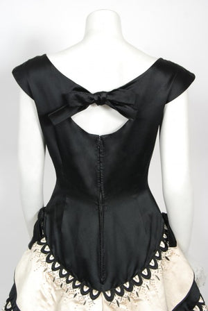 1950's Emilio Schuberth Couture Black & Ivory Embroidered Satin Dress