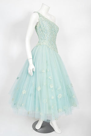 1950's Edith Small Seafoam Blue Rhinestone Lace Tulle One-Shoulder Dress