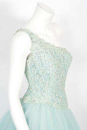 1950's Edith Small Seafoam Blue Rhinestone Lace Tulle One-Shoulder Dress