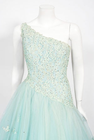 1950's Edith Small Seafoam Blue Rhinestone Lace Tulle One-Shoulder Dress