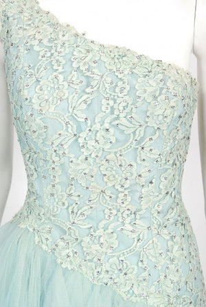 1950's Edith Small Seafoam Blue Rhinestone Lace Tulle One-Shoulder Dress