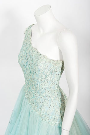 1950's Edith Small Seafoam Blue Rhinestone Lace Tulle One-Shoulder Dress