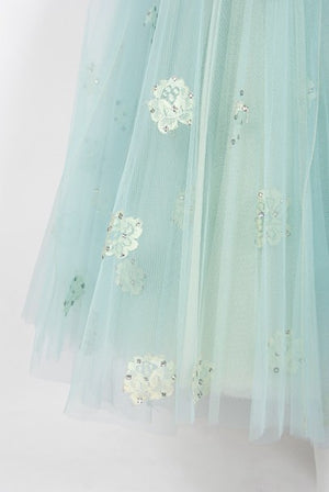 1950's Edith Small Seafoam Blue Rhinestone Lace Tulle One-Shoulder Dress