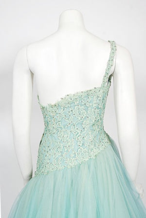 1950's Edith Small Seafoam Blue Rhinestone Lace Tulle One-Shoulder Dress