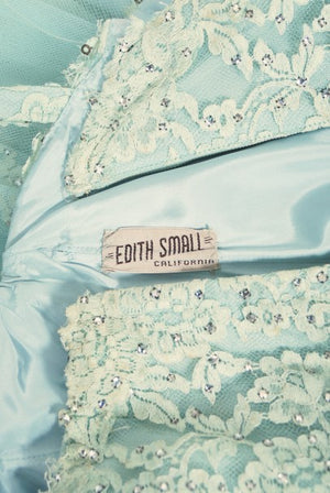 1950's Edith Small Seafoam Blue Rhinestone Lace Tulle One-Shoulder Dress