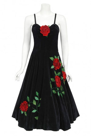 1950's Juli Lynne Charlot Red Roses Appliqué Black Velvet Full Dress