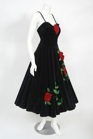 1950's Juli Lynne Charlot Red Roses Appliqué Black Velvet Full Dress