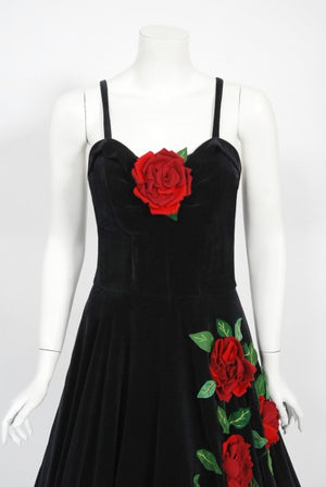 1950's Juli Lynne Charlot Red Roses Appliqué Black Velvet Full Dress