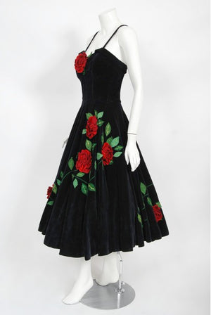 1950's Juli Lynne Charlot Red Roses Appliqué Black Velvet Full Dress