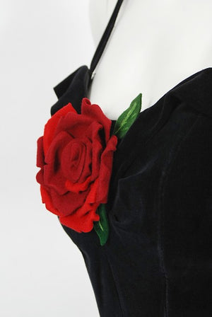 1950's Juli Lynne Charlot Red Roses Appliqué Black Velvet Full Dress