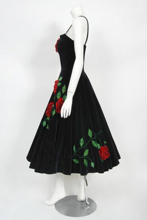 1950's Juli Lynne Charlot Red Roses Appliqué Black Velvet Full Dress